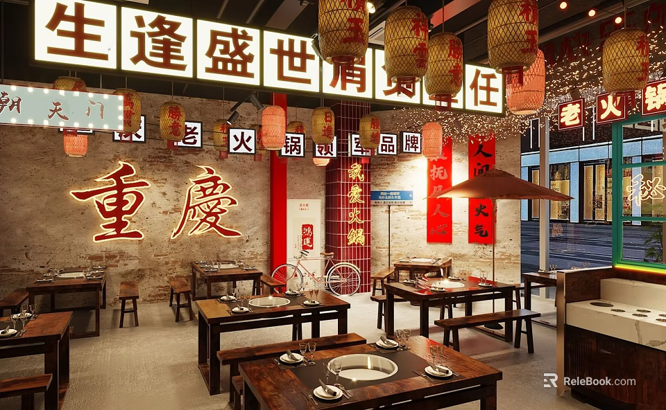 Chongqing Hotpot Restaurant With Traditional Red Lanterns Brick Walls And Authentic Ambiance 3d model 