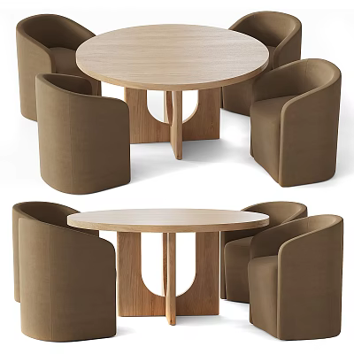 Round Wooden Dining Table With Brown Upholstered Chairs Modern Minimalist Design 3d model