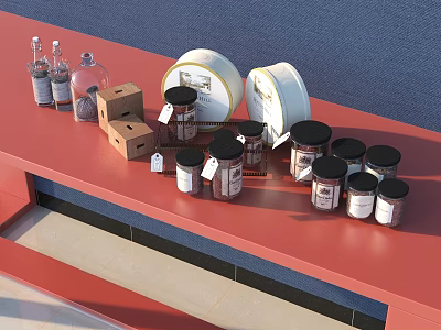 Ceramic Vessels with Glass Jars and Small Boxes on Red Shelf with Labels 3d model