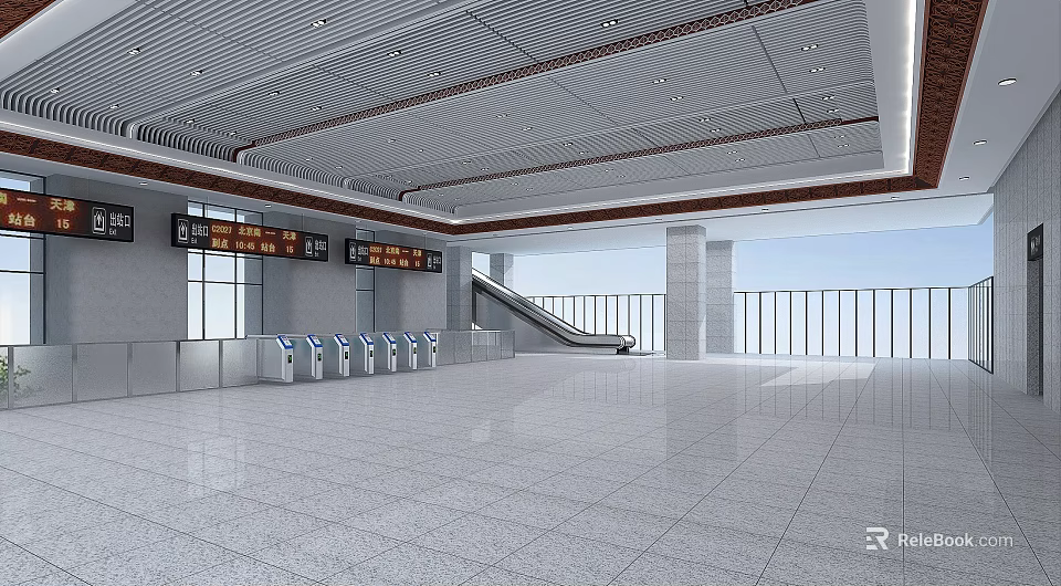 Modern Station Interior With Spacious Hall White Tiled Floor Information Displays And Escalator 3d model 