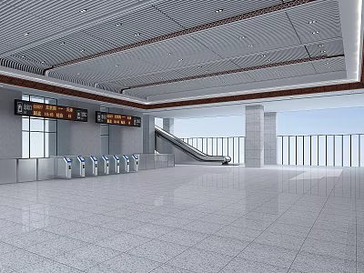 Modern Station Interior With Spacious Hall White Tiled Floor Information Displays And Escalator 3d model