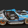 Blue Modified Car With Open Doors Orange Rims And Mechanical Details