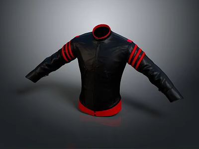 Black Leather Jacket with Red Collar Cuffs and Stripes on Sleeves 3d model