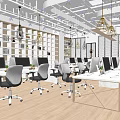 Modern Public Office Space With Workstations Computers Black Chairs White Bookshelf Wall And Pendant Lights