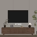 Modern Living Room TV Wall With Wooden Stand Decorative Plants And Beige Background
