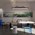 Modern Office Interior Design With Desk Chairs Landscape Painting Potted Plant Shelves And Lighting