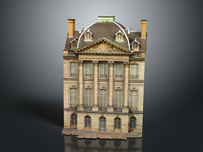 Classical Stone Building With Multi Story Columns Ornate Windows Twin Chimneys And Decorative Roof 3d model
