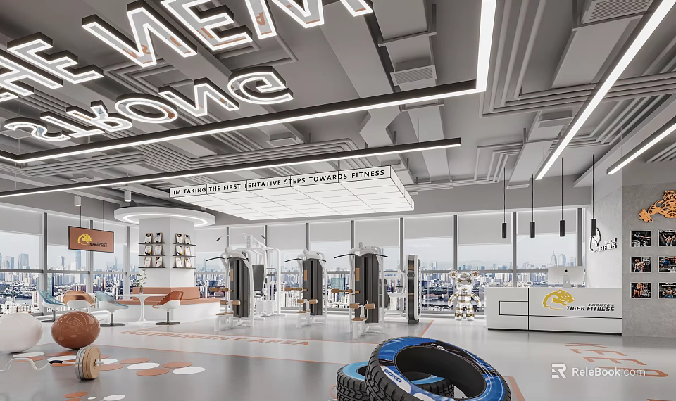 Modern Fitness Gym Interior With Workout Equipment Training Tires And Bright Lighting 3d model 