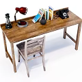 Wooden Desk Setup With Red Lamp Black Lantern Books Vintage Telephone And Chair
