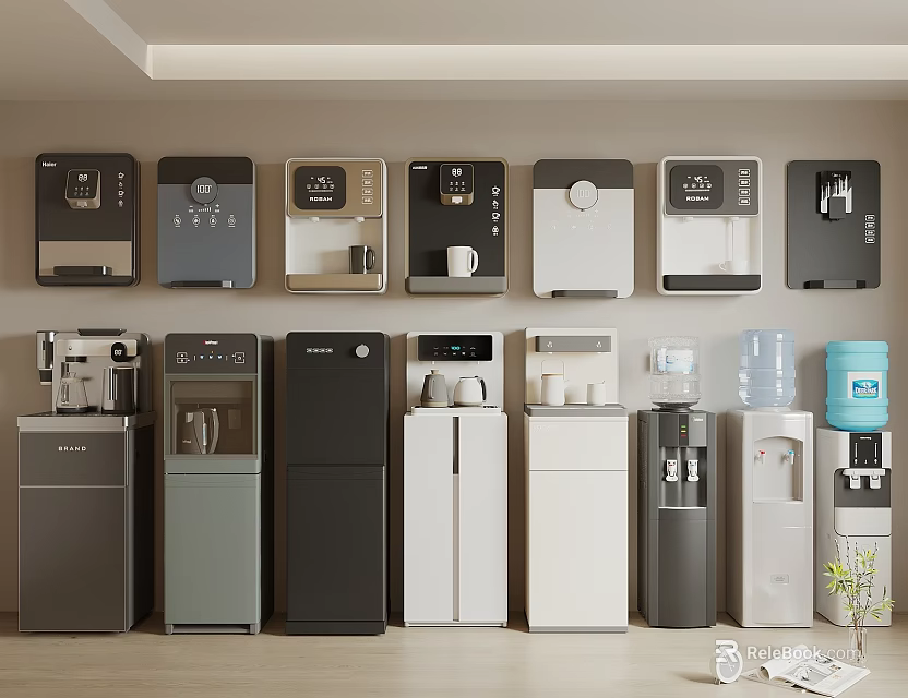Various Modern Water Dispensers And Coffee Machines In Kitchen Setting 3d model 