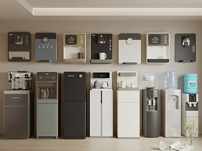Various Modern Water Dispensers And Coffee Machines In Kitchen Setting 3d model