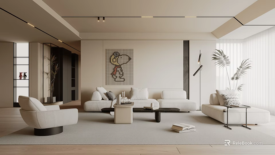 Modern Living Room Interior With White Sofa Coffee Table Decorative Painting Floor Lamp And Plant 3d model 