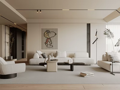 Modern Living Room Interior With White Sofa Coffee Table Decorative Painting Floor Lamp And Plant 3d model
