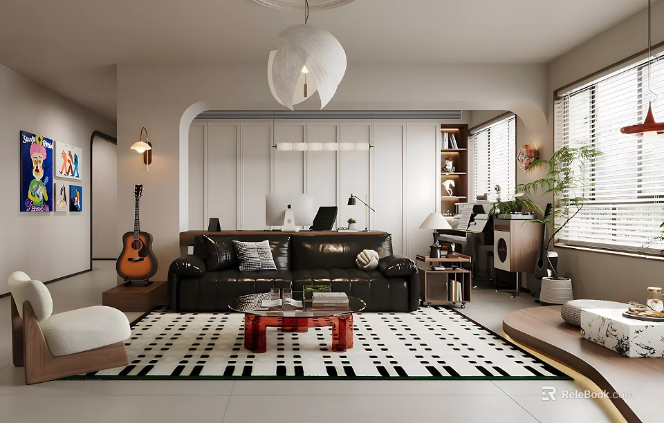 Modern Living Room Interior Featuring Black Leather Sofa Geometric Pattern Rug Pendant Light And Guitar 3d model 