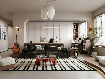 Modern Living Room Interior Featuring Black Leather Sofa Geometric Pattern Rug Pendant Light And Guitar 3d model