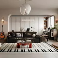 Modern Living Room Interior Featuring Black Leather Sofa Geometric Pattern Rug Pendant Light And Guitar