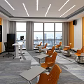 Modern School Classroom With Orange Chairs Interactive Screen And Open Layout