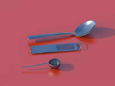Stainless Steel Kitchen Utensils With Spoon Grater And Measuring Spoon On Red Background 3d model