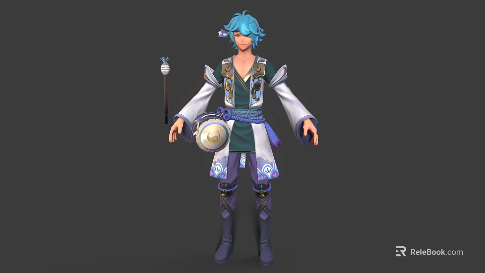 Blue Haired Character In Traditional Outfit With Drum And White Mythical Creature 3d model 
