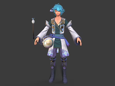 Blue Haired Character In Traditional Outfit With Drum And White Mythical Creature 3d model
