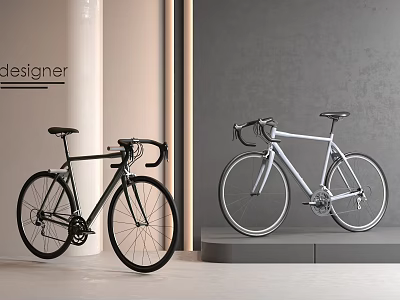 Black And White Designer Bicycles Showcased On Modern Stylish Display Platform 3d model