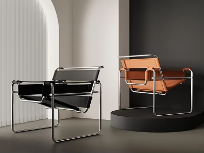 Modern Leisure Chairs With Metal Frames Black And Orange Leather In Minimalist Setting 3d model