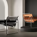 Modern Leisure Chairs With Metal Frames Black And Orange Leather In Minimalist Setting