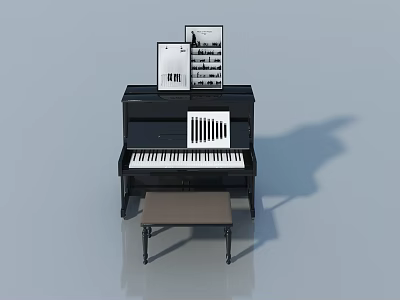 Black Upright Piano With Wooden Bench And Sheet Music Displayed 3d model