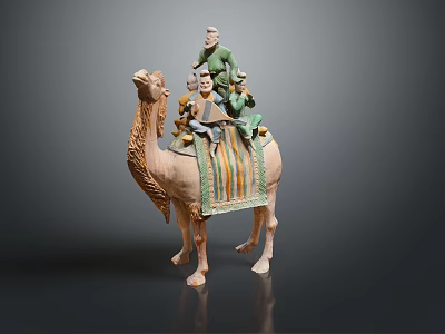 Traditional Ceramic Camel Statue With Three Colorful Figures Riding On Back 3d model