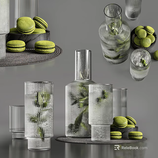 Assorted Green Macarons With Glassware And Fresh Mint Leaves 3d model