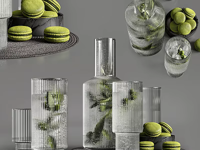 Assorted Green Macarons With Glassware And Fresh Mint Leaves 3d model