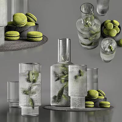 Assorted Green Macarons With Glassware And Fresh Mint Leaves 3d model