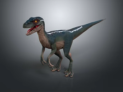 Realistic Velociraptor Dinosaur Character With Blue Green Body White Stripes Red Eyes Open Mouth Standing Pose 3d model