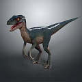 Realistic Velociraptor Dinosaur Character With Blue Green Body White Stripes Red Eyes Open Mouth Standing Pose