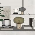 Modern Decorative Ornament Set With Glass Lamps Wooden Bases Green Plants And Wall Art