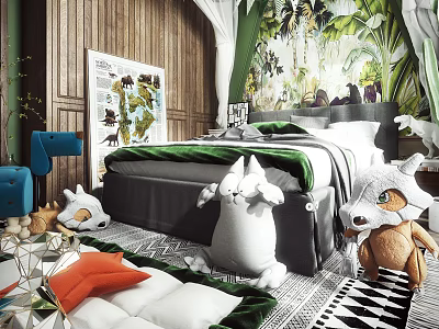 Kids Room Interior Design With Green Plant Wall Mural Stuffed Toys And Wooden Bed 3d model