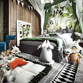 Kids Room Interior Design With Green Plant Wall Mural Stuffed Toys And Wooden Bed