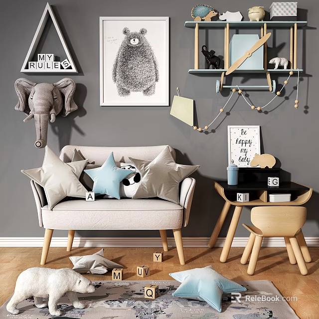 Cozy Light Colored Two Seater Sofa With Pillows And Alphabet Blocks In Kids Room 3d model 