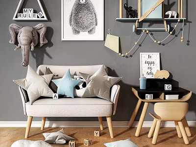 Cozy Light Colored Two Seater Sofa With Pillows And Alphabet Blocks In Kids Room 3d model