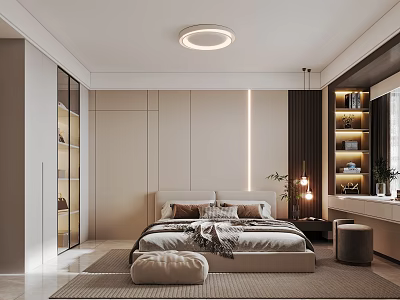 Modern Bedroom Interior With Platform Bed Wardrobe Ambient Lighting And Decorative Pillows 3d model