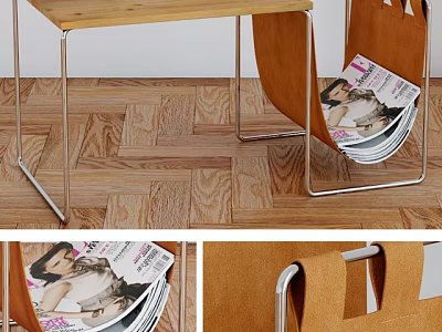Wooden Top Coffee Table With Metal Frame Orange Chairs And Magazines On Herringbone Floor 3d model