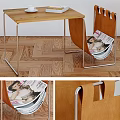 Wooden Top Coffee Table With Metal Frame Orange Chairs And Magazines On Herringbone Floor