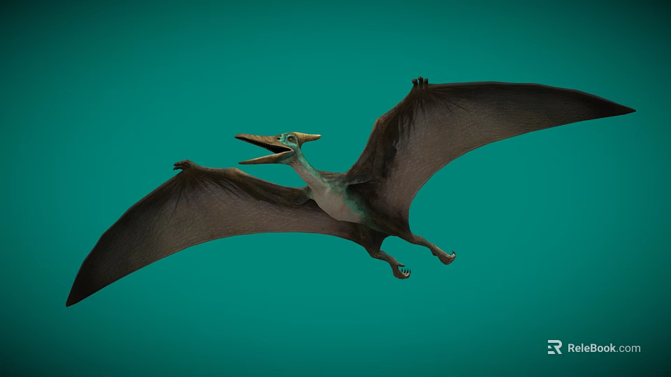 Flying Pterosaur with Spread Wings Open Mouth and Yellow Crest Against Green Background 3d model 