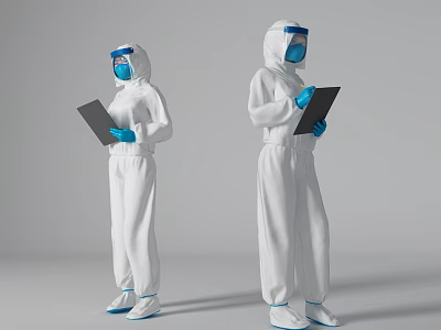 Women in White Protective Suits Holding Tablets With Blue Gloves and Face Shields 3d model