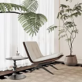 Modern Leisure Chair With White Curtains Fern Plant And Side Table On Checkered Rug