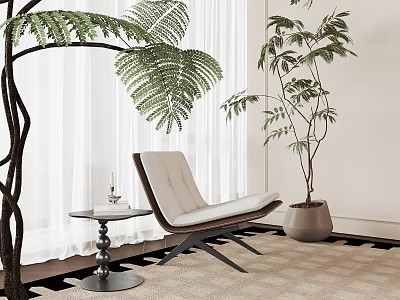 Modern Leisure Chair With White Curtains Fern Plant And Side Table On Checkered Rug 3d model