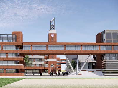 Modern Red Brick School Building Featuring Clock Tower Connecting Bridge and Glass Facades 3d model