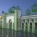 Ornate Stage With Green Domes Geometric Patterns Arched Doorways And Reflective Water Surface At Night