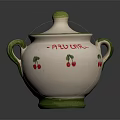 Ceramic Storage Jar With Lid Green Trim White Body Red Cherry Patterns Handle 3d model
