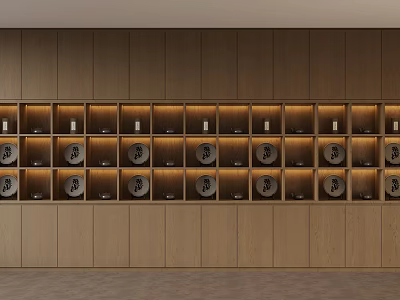 Wooden Wall Display Shelf With Circular Containers And Warm Lighting 3d model